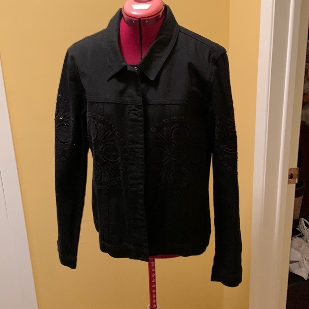 JustFab Black Jean Jacket with embroidered cut outs